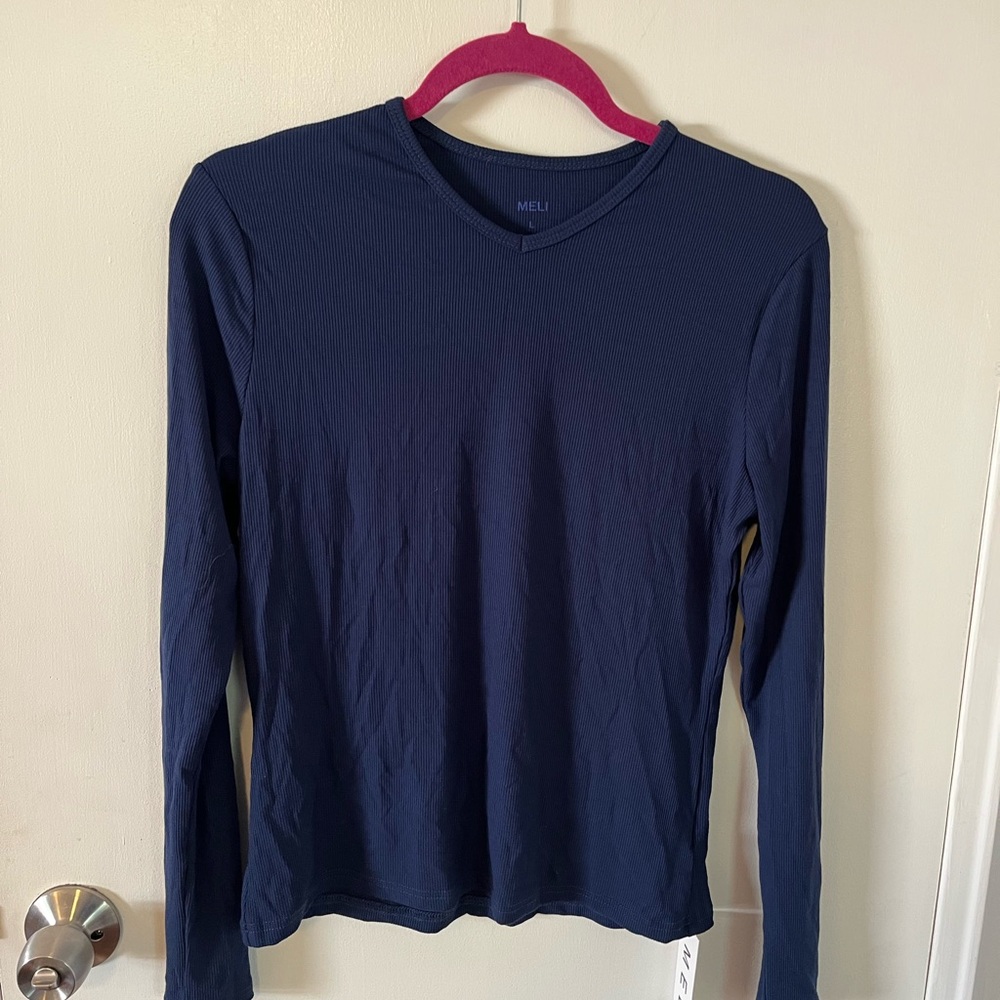 Navy high ribbed V- neck long sleeve tee shirt